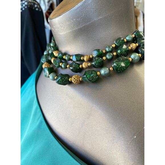 vintage 1950s green glitter multi-strand necklace, 50s costume jewelry set, nye - Picture 5 of 9